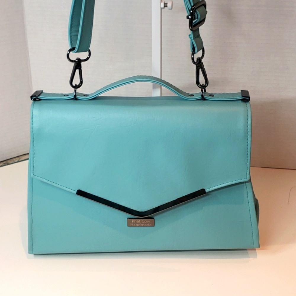Handemade Turquoise Vinyl And Cotton Handbag